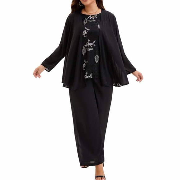 Lax Other - LAX Plus Size 3-Piece Lace Sequin Set | Jacket, Lined Top & Elastic Waist Pants
